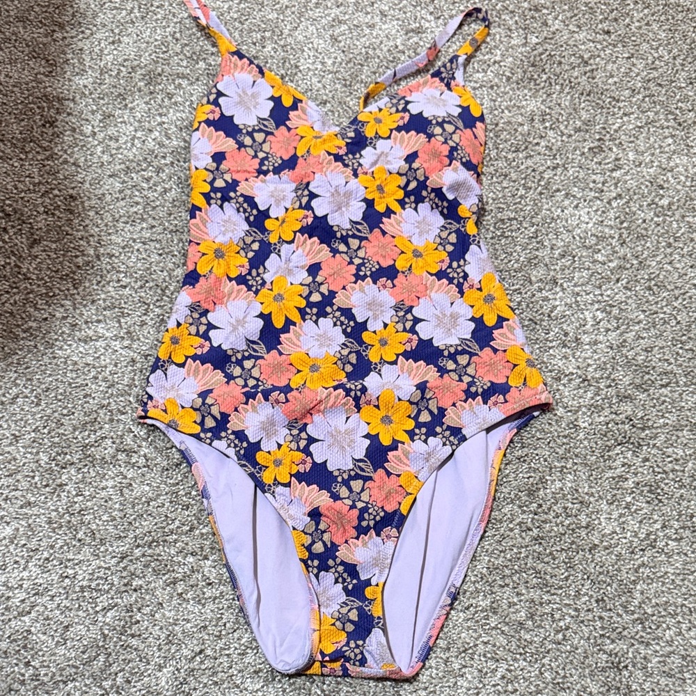 aerie Navy One-Piece Swimsuit with Yellow & Pink Floral Print